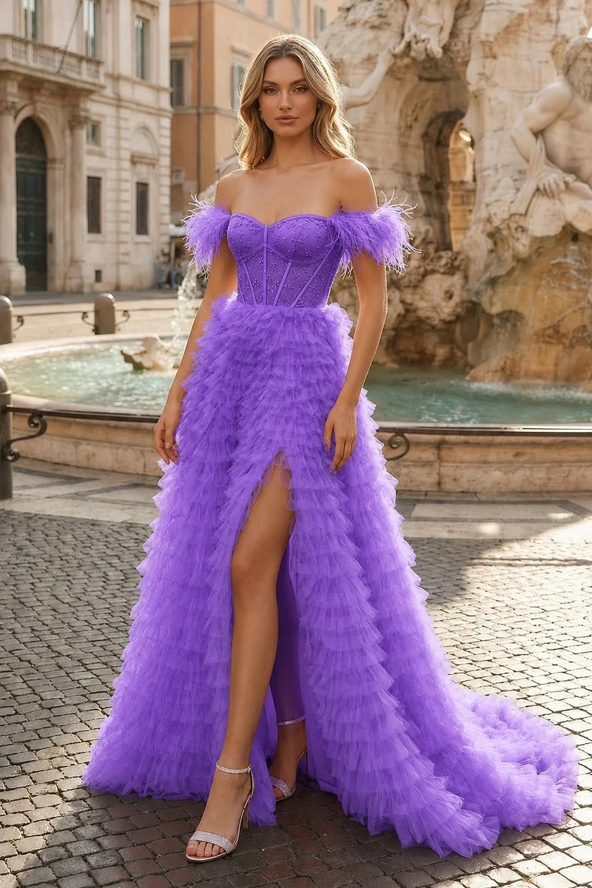 A Line Sweetheart Tiered Tulle Long Prom Dress With Slit