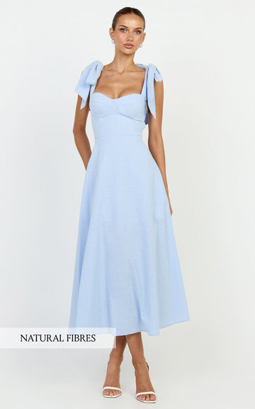 Tymia Midi Dress - Shoulder Tie Bustier Shirred Back A Line in Pastel Blue