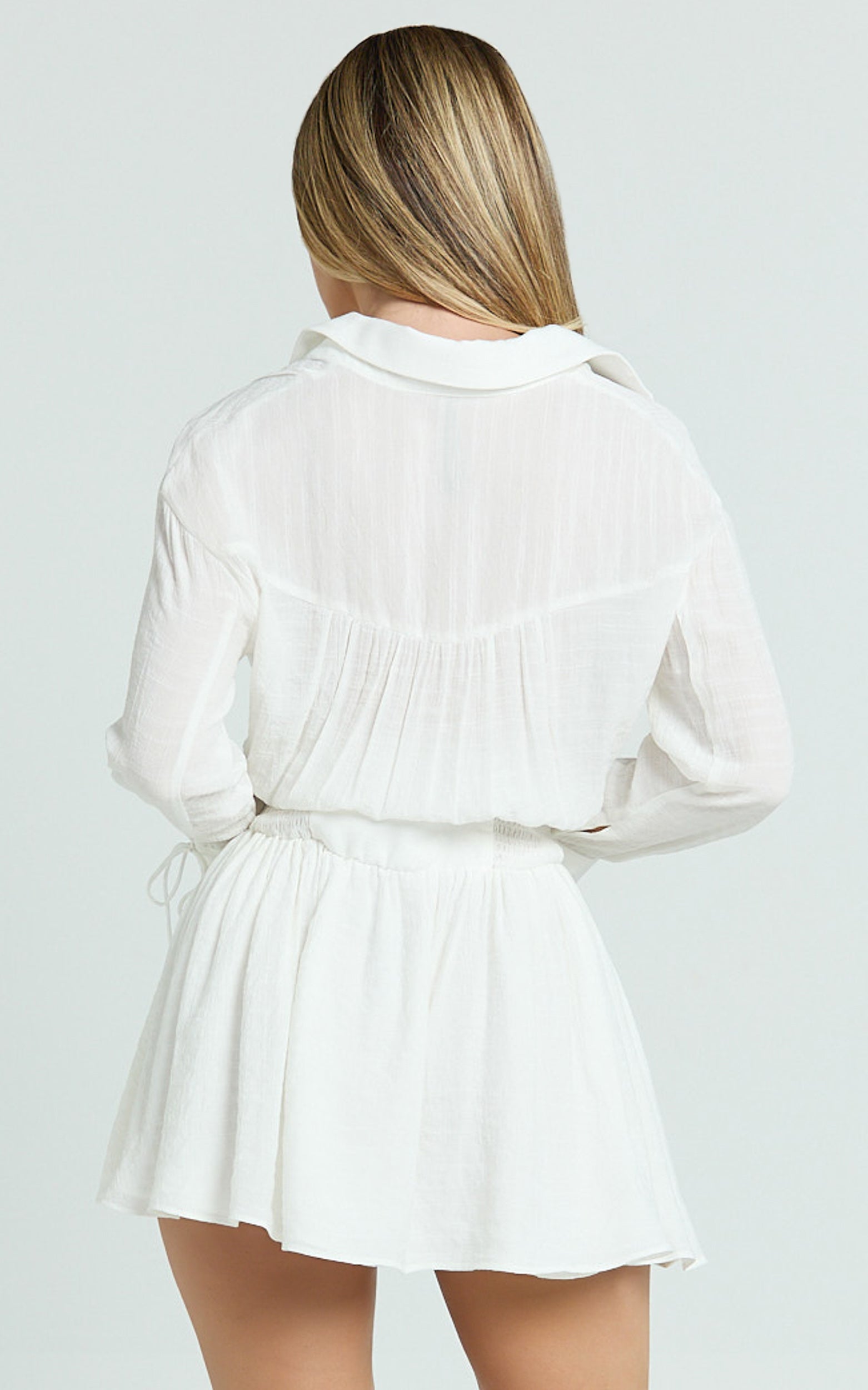 Valerie Mini Dress - Collared Long Sleeve Waist Shirt Dress in White