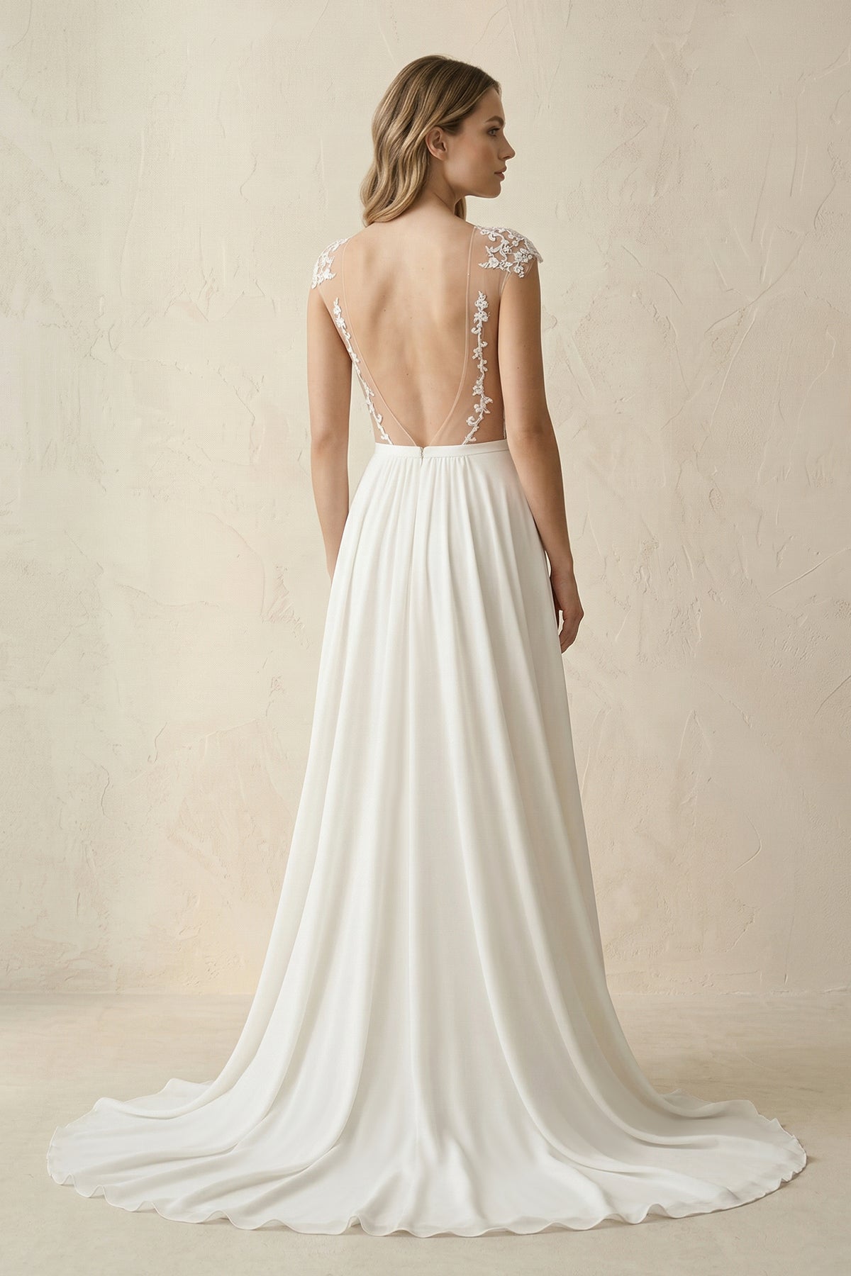 A-Line Cap Sleeve Long Backless Wedding Dresses with Appliques