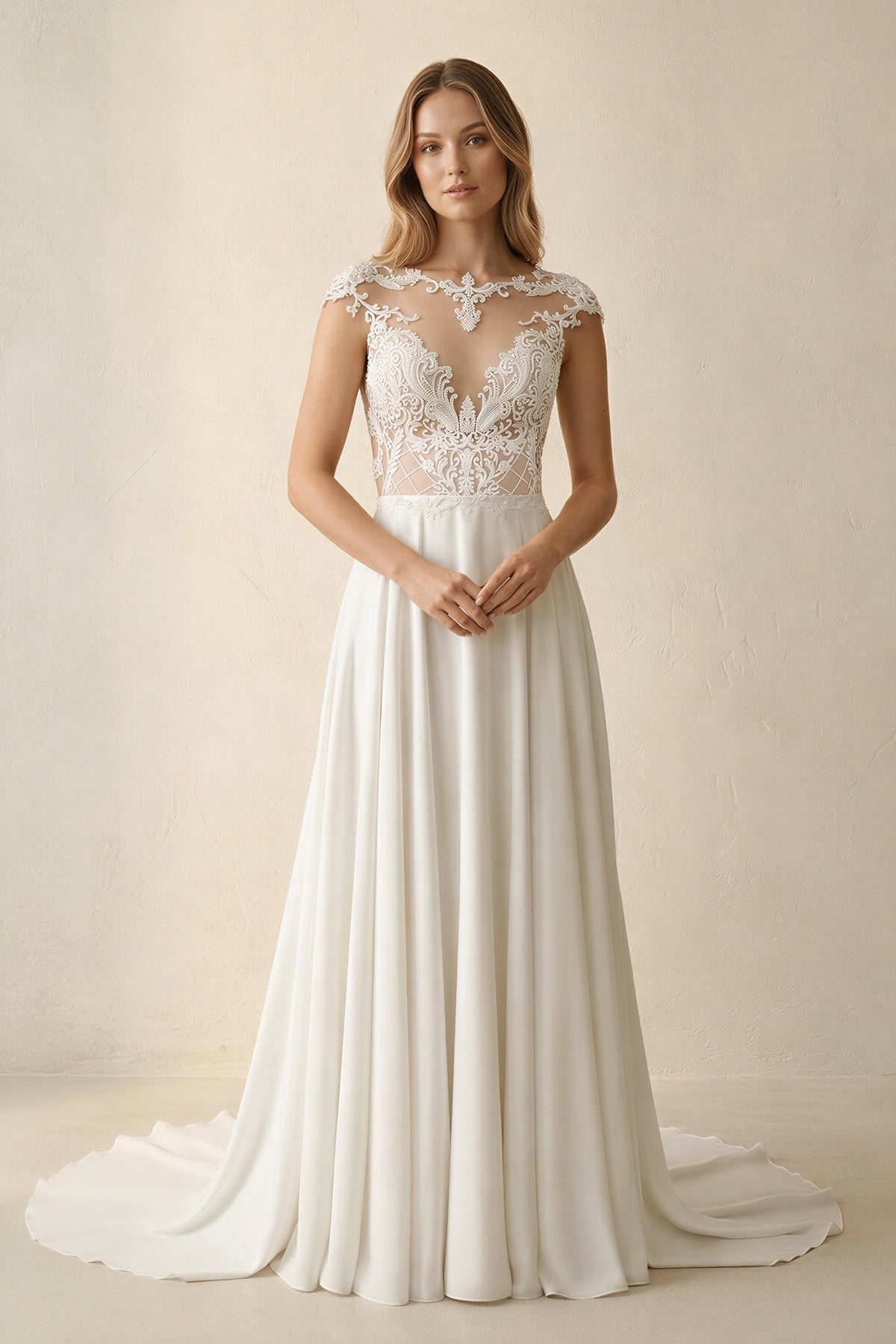 A-Line Cap Sleeve Long Backless Wedding Dresses with Appliques