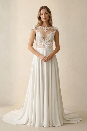 A-Line Cap Sleeve Long Backless Wedding Dresses with Appliques
