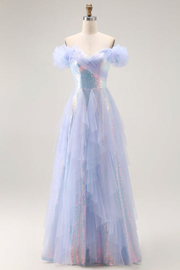 Sparkly Light Blue Sequin Off the Shoulder Long Prom Dress with Ruffles