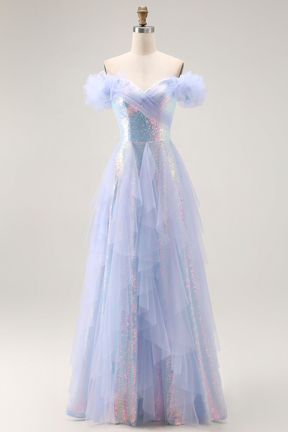 Sparkly Light Blue Sequin Off the Shoulder Long Prom Dress with Ruffles