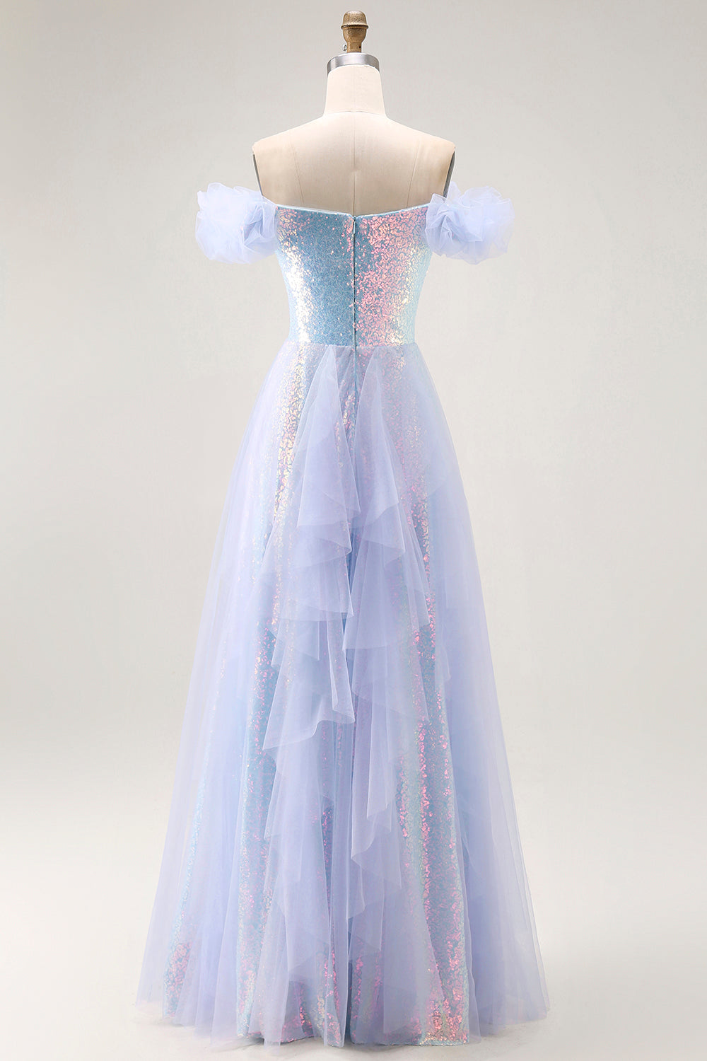 Sparkly Light Blue Sequin Off the Shoulder Long Prom Dress with Ruffles