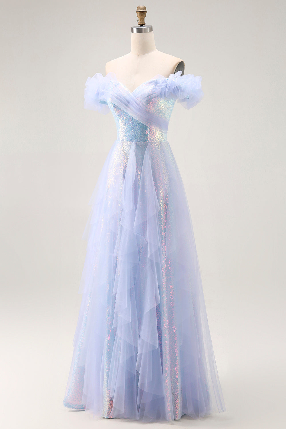 Sparkly Light Blue Sequin Off the Shoulder Long Prom Dress with Ruffles