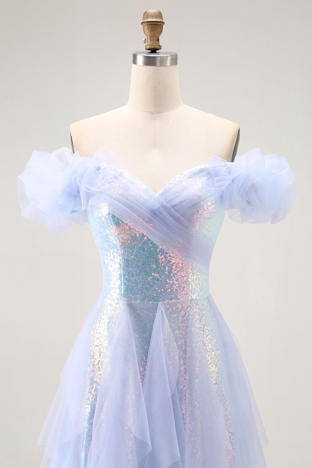 Sparkly Light Blue Sequin Off the Shoulder Long Prom Dress with Ruffles
