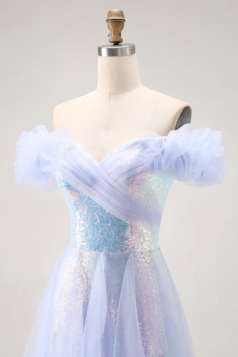 Sparkly Light Blue Sequin Off the Shoulder Long Prom Dress with Ruffles