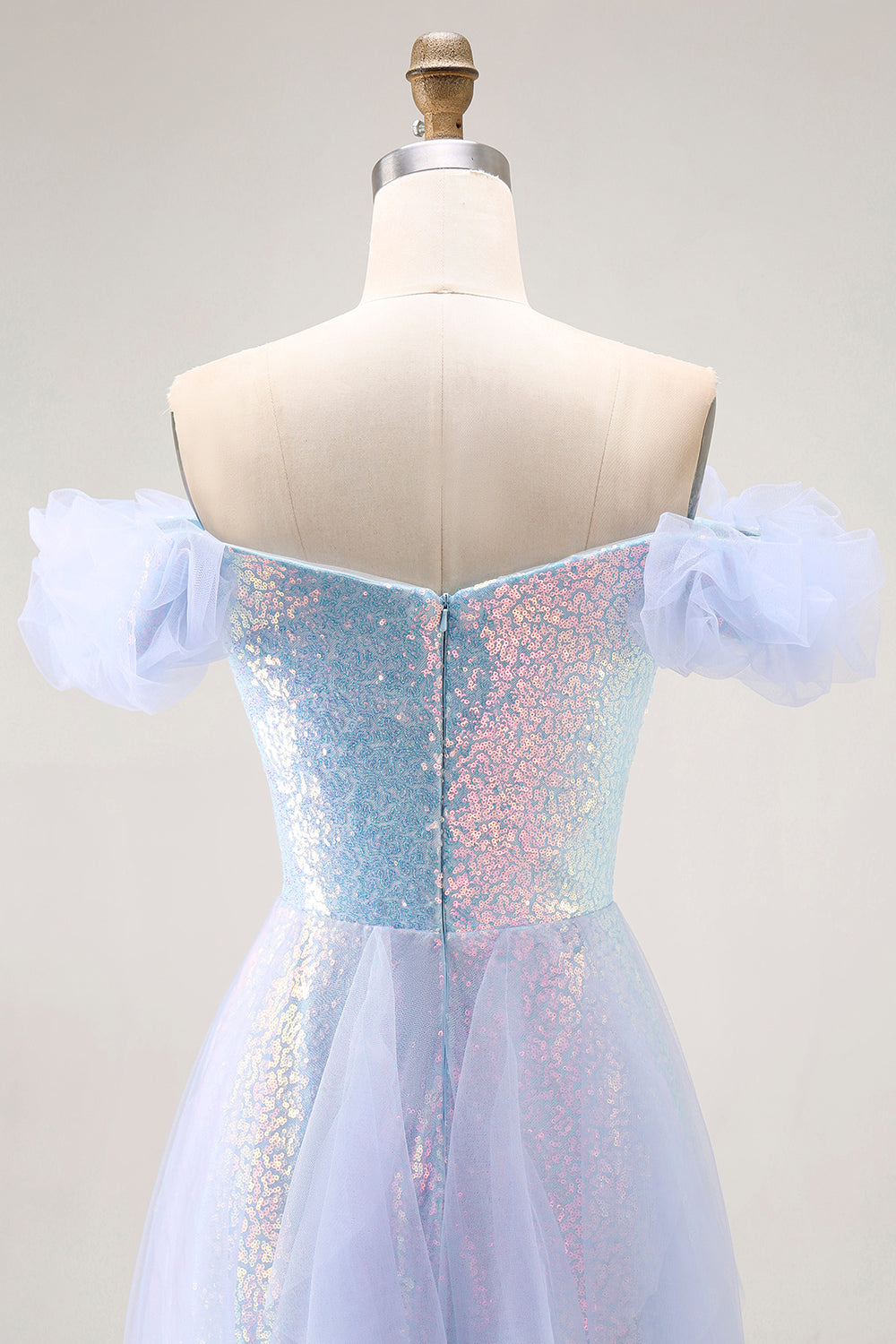 Sparkly Light Blue Sequin Off the Shoulder Long Prom Dress with Ruffles