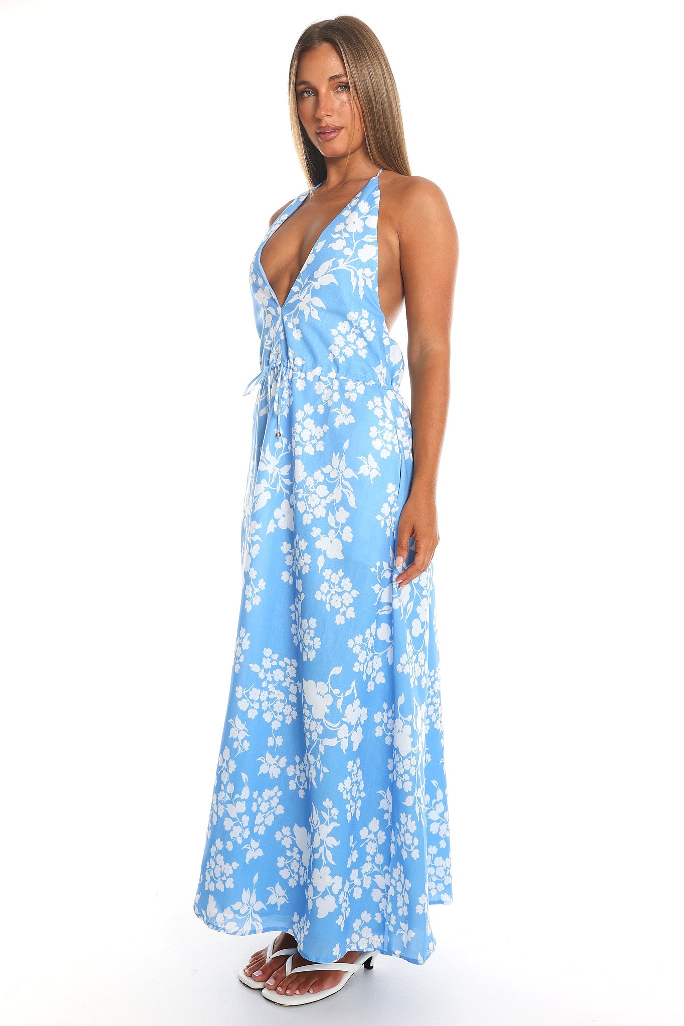 Plumeria Floral Halter Maxi Dress Light Blue