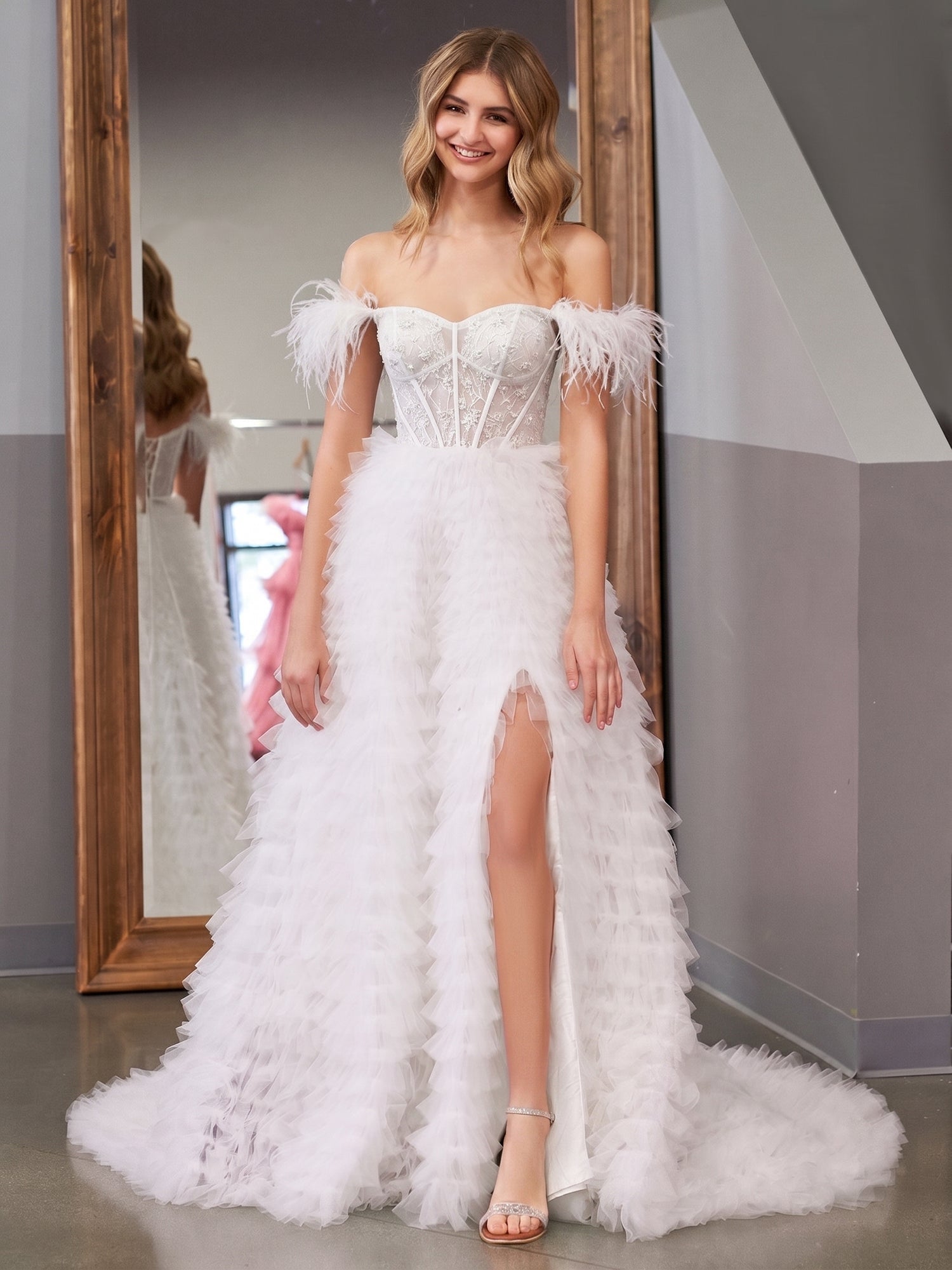A Line Sweetheart Tiered Tulle Long Prom Dress With Slit