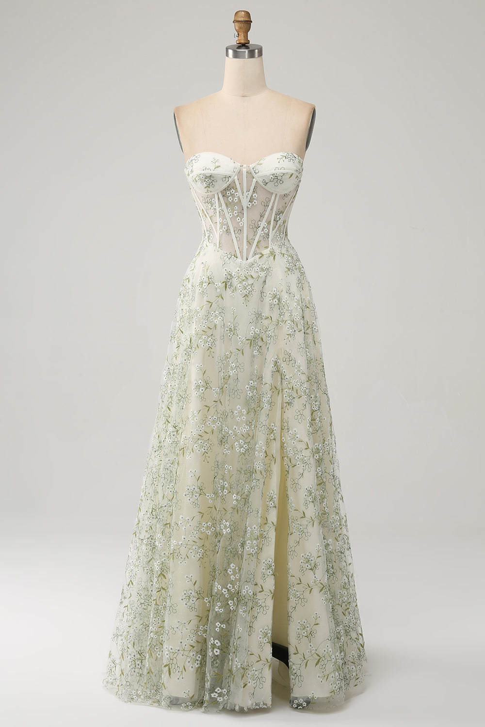 Green A Line Sweetheart Strapless Printed Corset Prom Dress with Slit