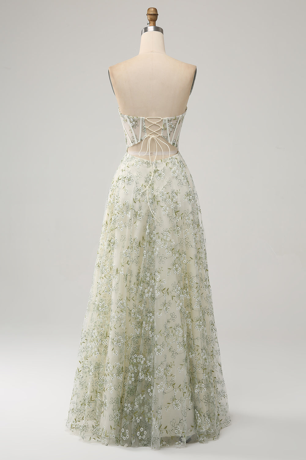 Green A Line Sweetheart Strapless Printed Corset Prom Dress with Slit