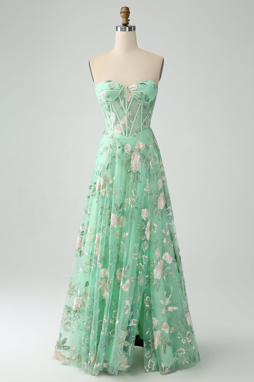 A Line Light Green Sweetheart Corset Prom Dress with Embroidery