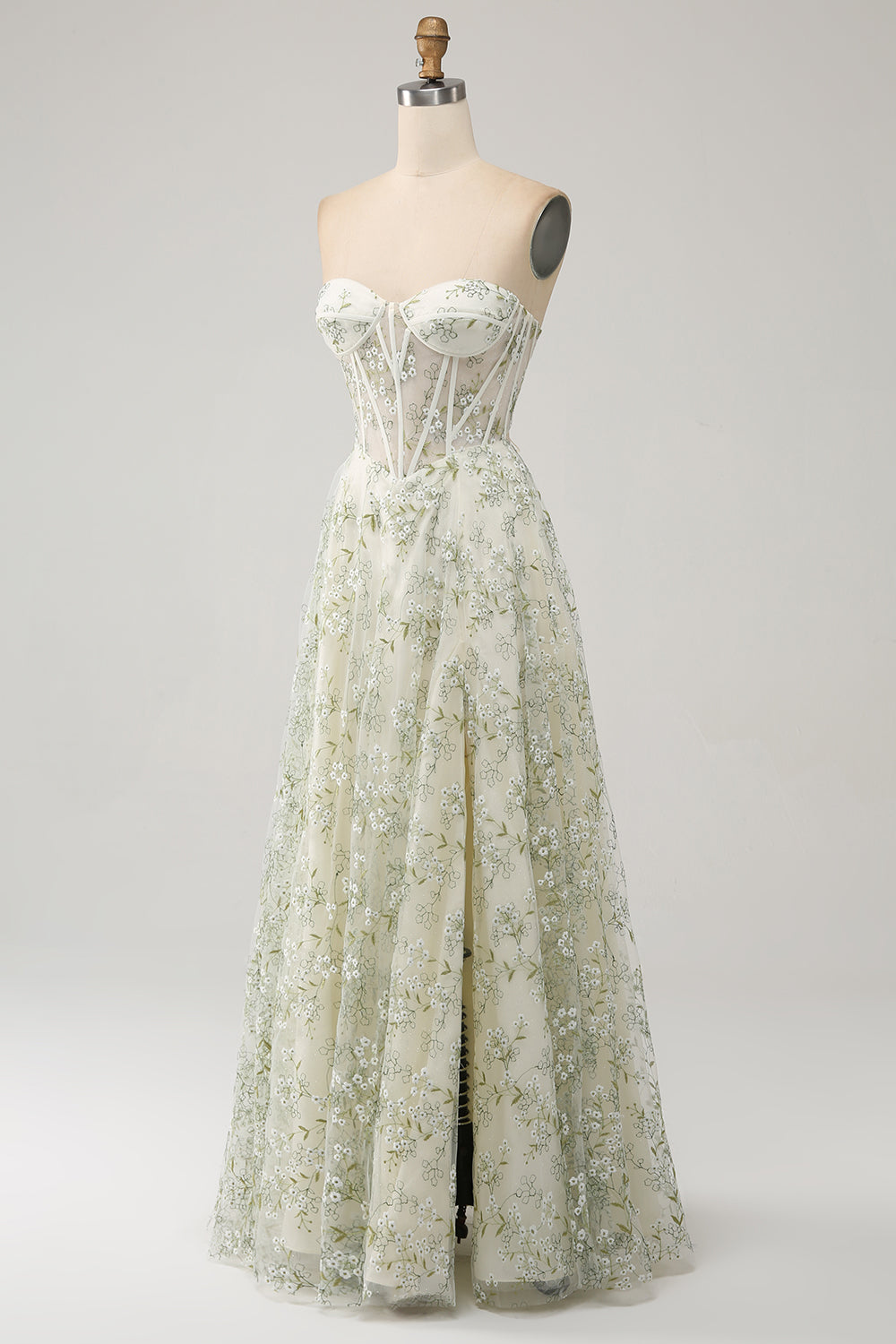 Green A Line Sweetheart Strapless Printed Corset Prom Dress with Slit
