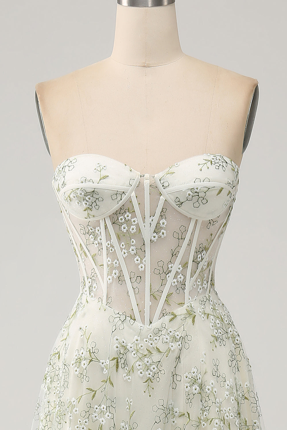 Green A Line Sweetheart Strapless Printed Corset Prom Dress with Slit