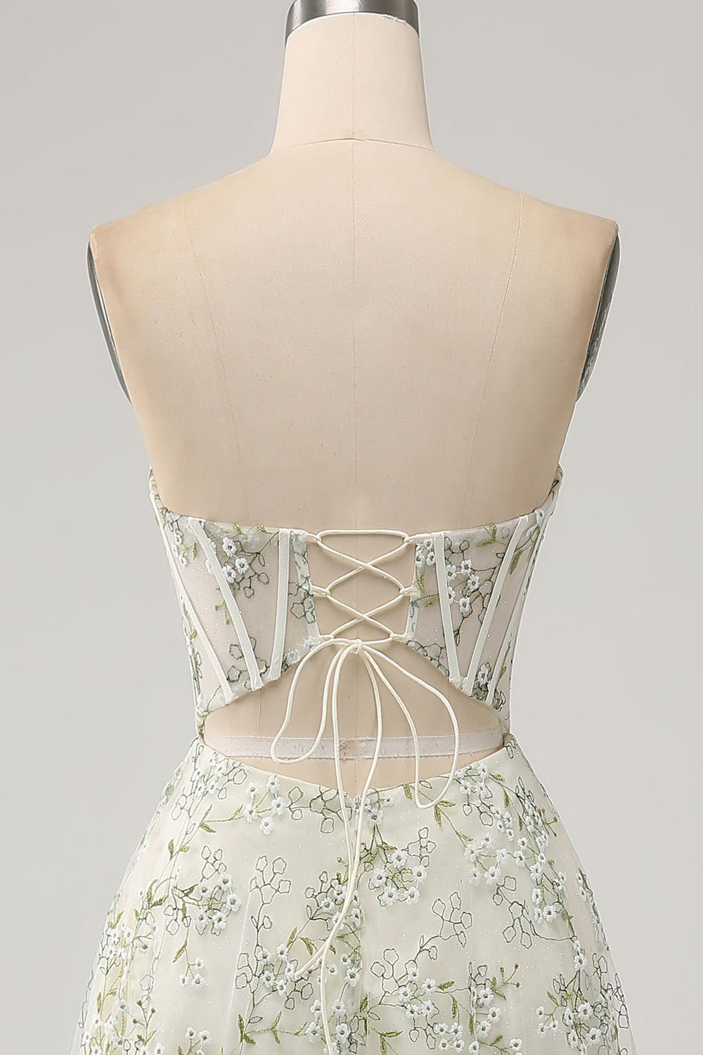 Green A Line Sweetheart Strapless Printed Corset Prom Dress with Slit