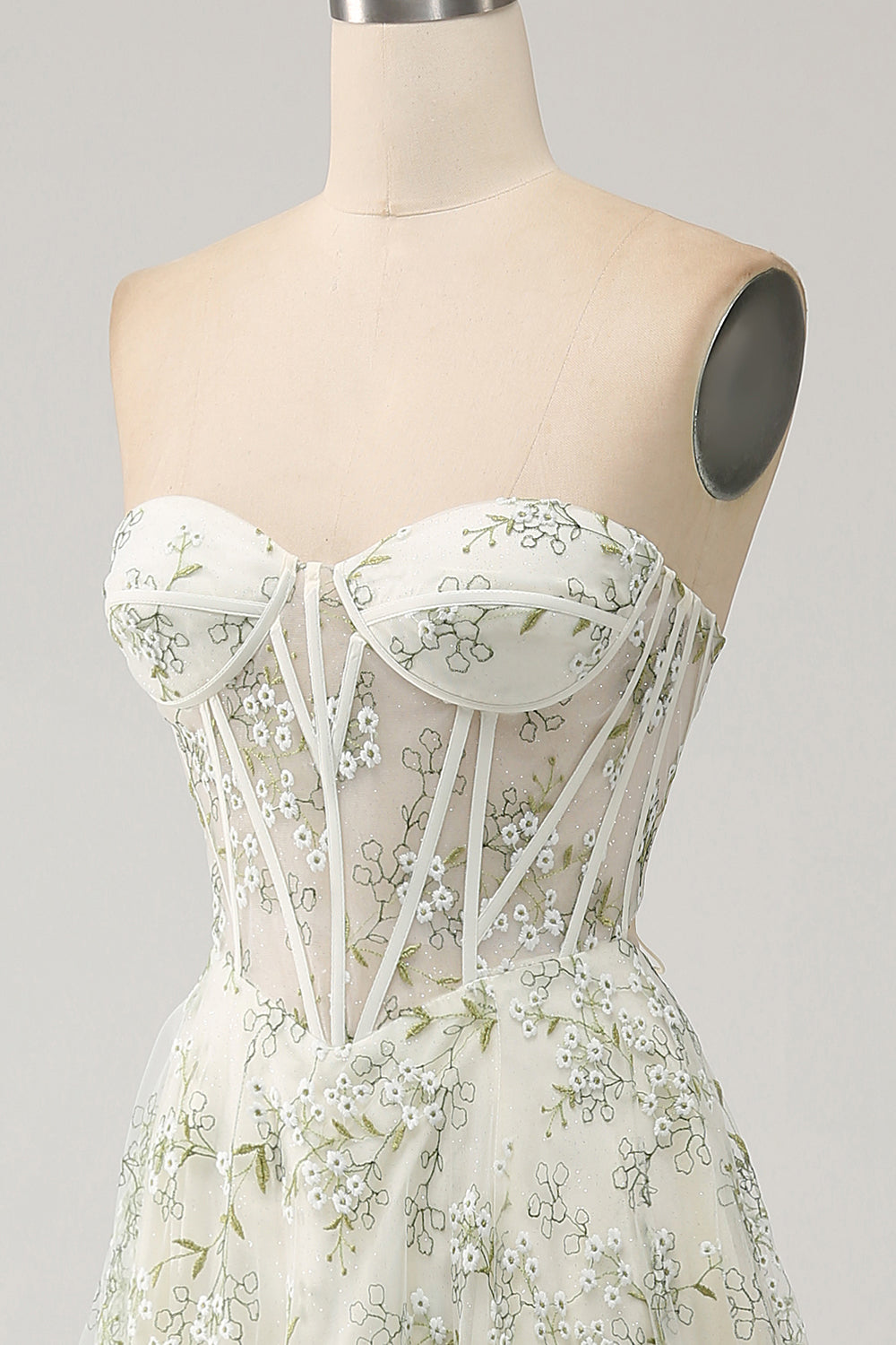 Green A Line Sweetheart Strapless Printed Corset Prom Dress with Slit