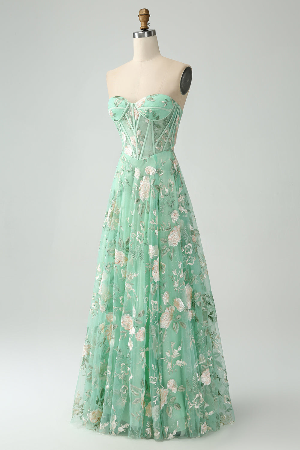 A Line Light Green Sweetheart Corset Prom Dress with Embroidery