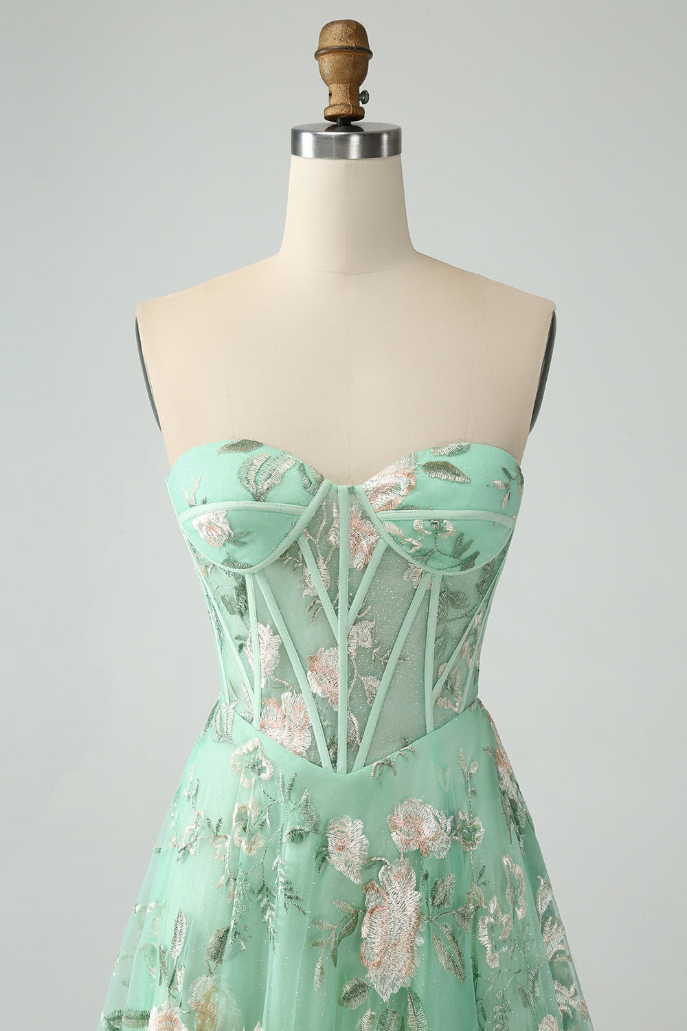 A Line Light Green Sweetheart Corset Prom Dress with Embroidery