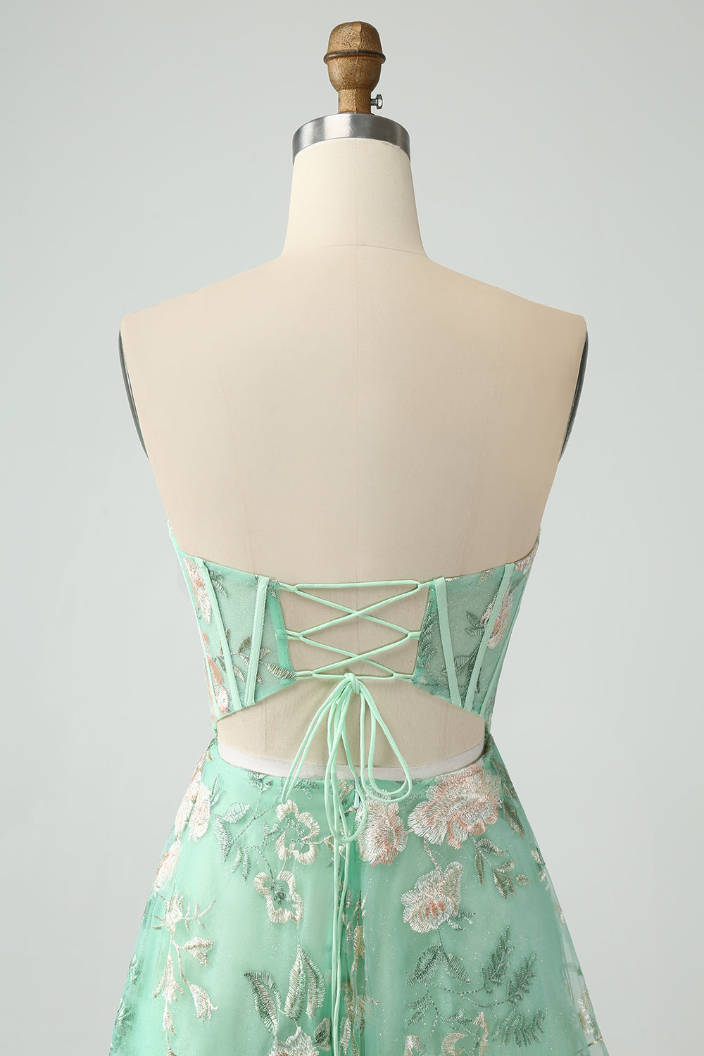 A Line Light Green Sweetheart Corset Prom Dress with Embroidery