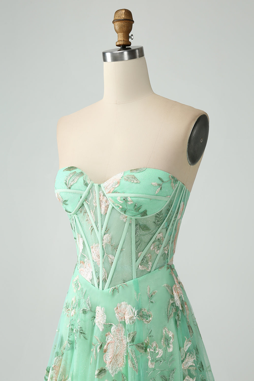 A Line Light Green Sweetheart Corset Prom Dress with Embroidery