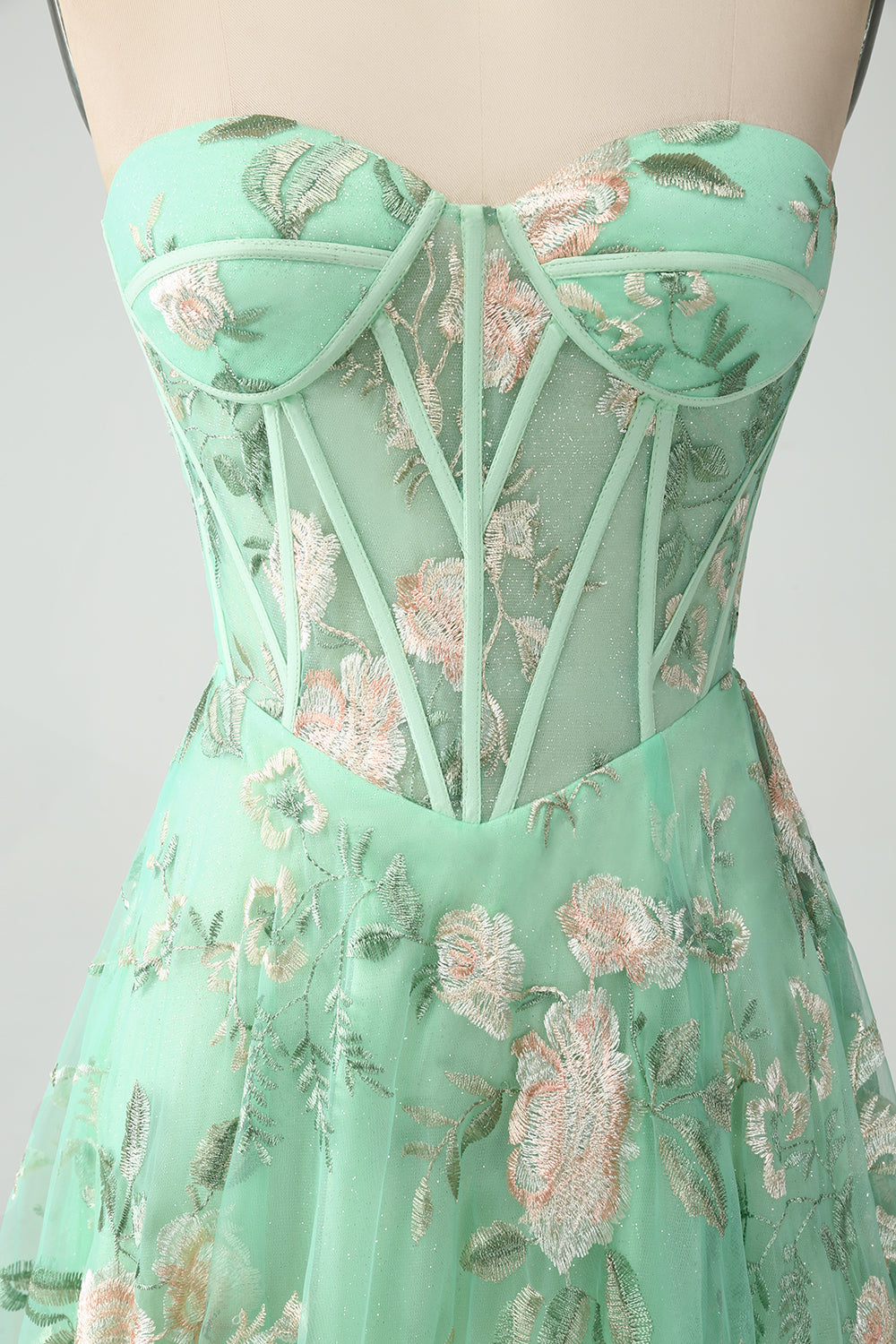 A Line Light Green Sweetheart Corset Prom Dress with Embroidery