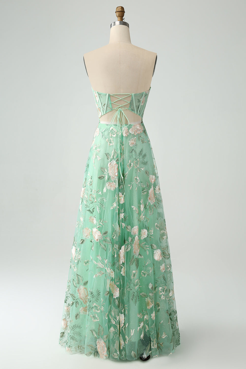 A Line Light Green Sweetheart Corset Prom Dress with Embroidery