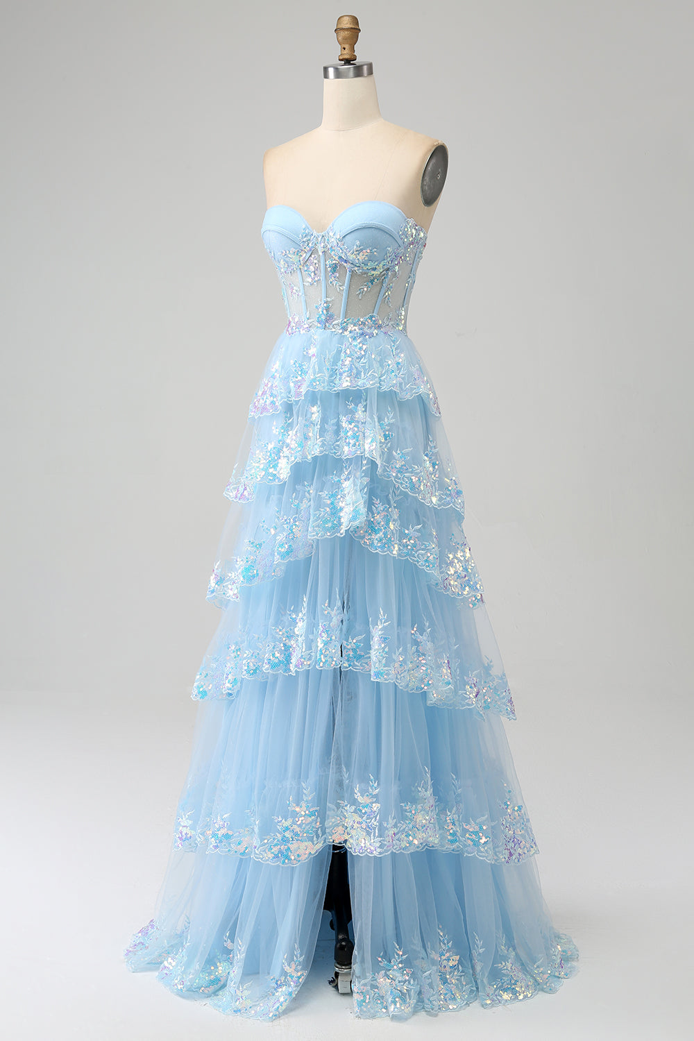 Princess A Line Sweetheart Lavender Corset Prom Dress with Tiered Lace