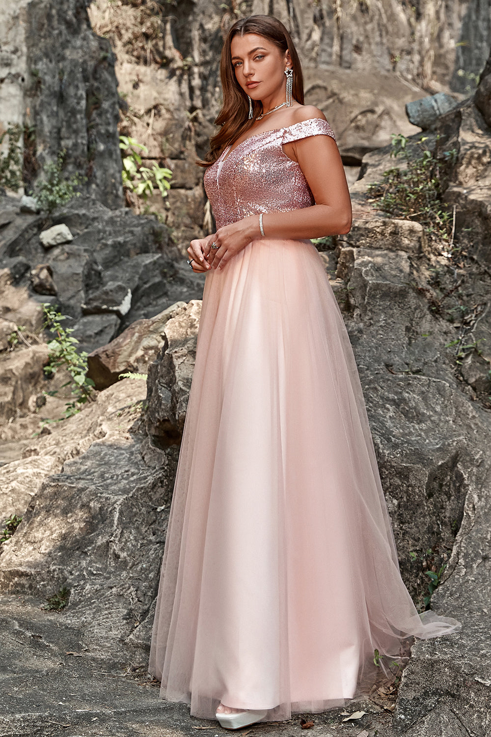 Blush Plus Size Off the Shoulder Tulle Prom Dress