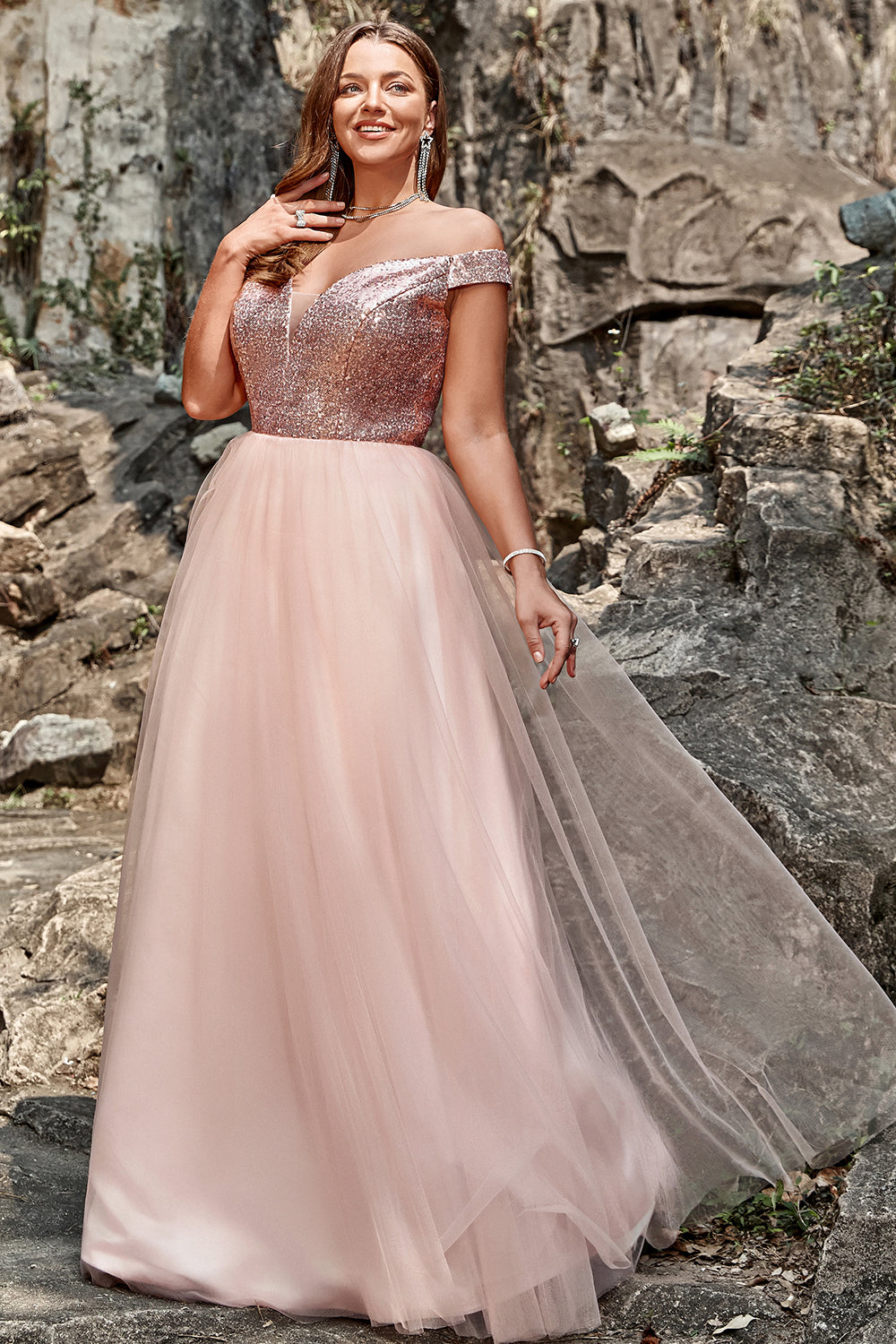 Blush Plus Size Off the Shoulder Tulle Prom Dress