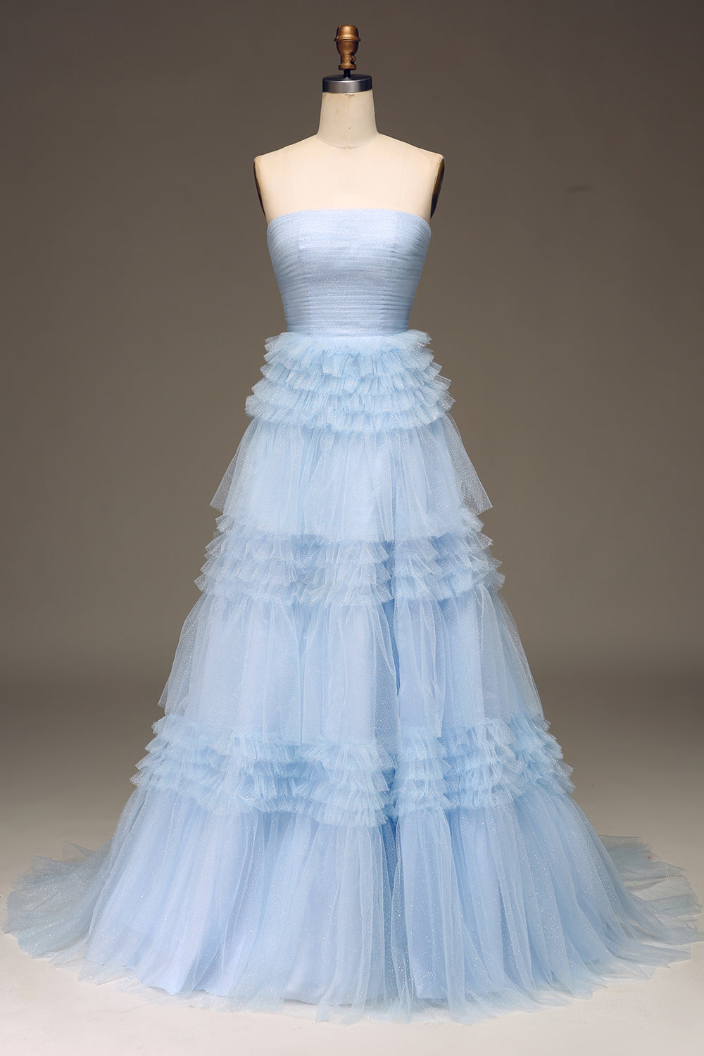 Tulle Light Blue Tiered A Line Prom Dress with Slit