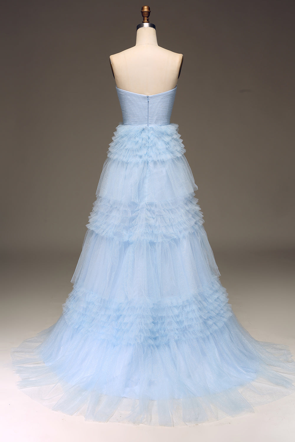Tulle Light Blue Tiered A Line Prom Dress with Slit
