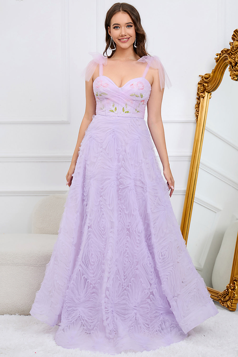 A-Line Purple Tulle Prom Dress With Embroidery