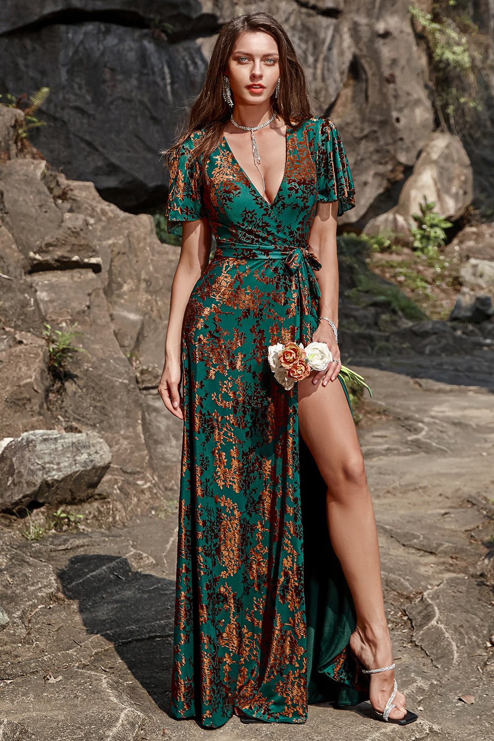 Pine A-Line Velvet Burnout V-Neck Long Wedding Guest Dress