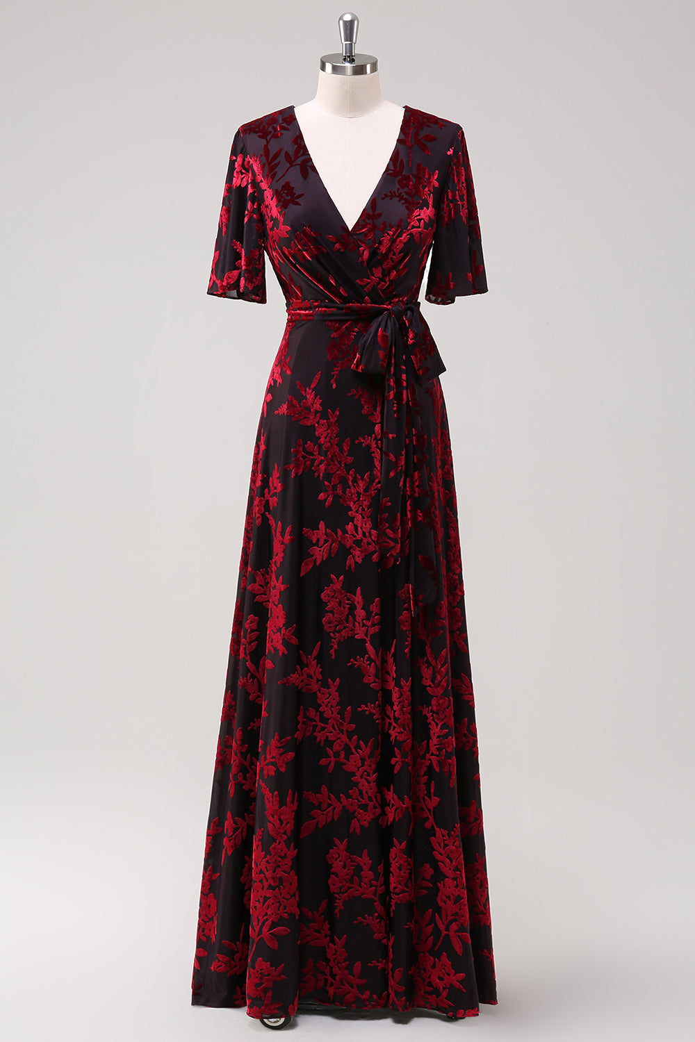Pine A-Line Velvet Burnout V-Neck Long Wedding Guest Dress