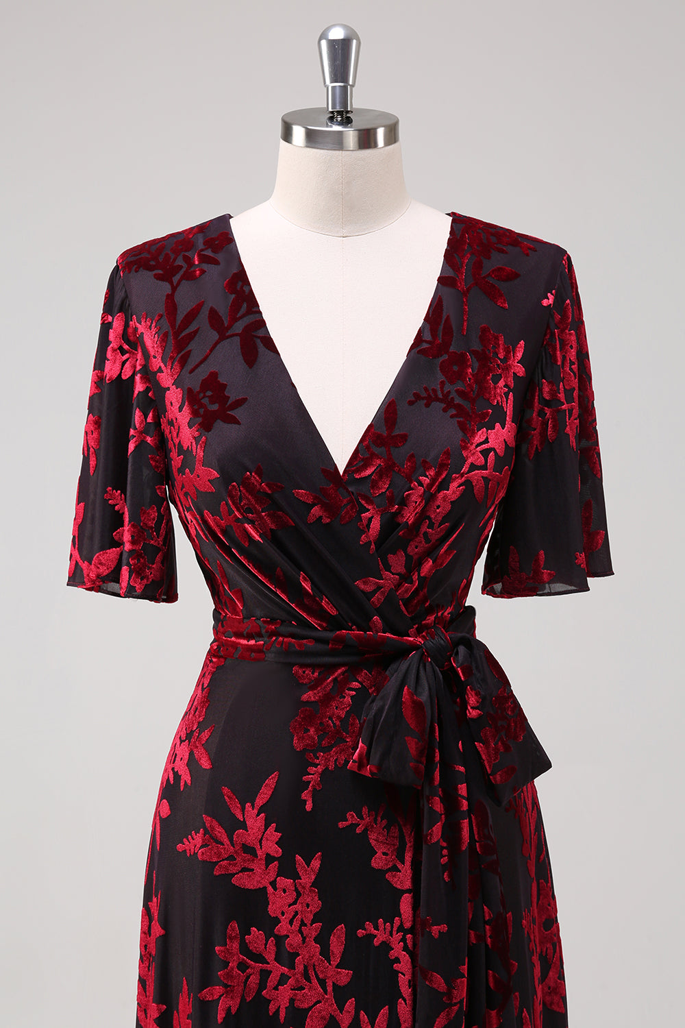 Burnout Velvet Burgundy V-Neck Mother of Bride Dress