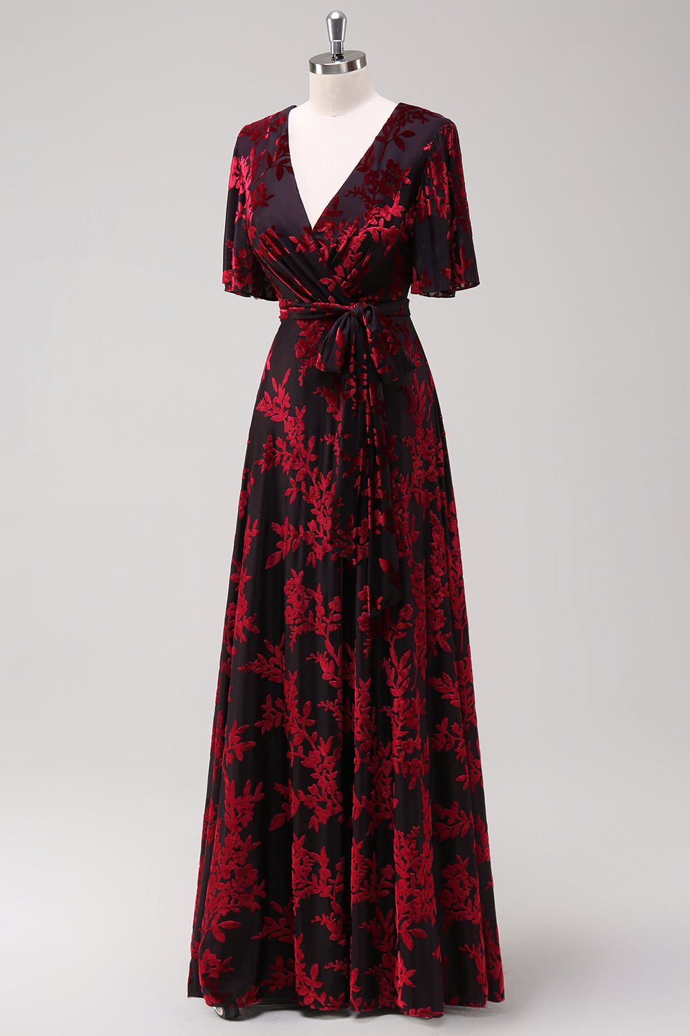 Burnout Velvet Burgundy V-Neck Mother of Bride Dress