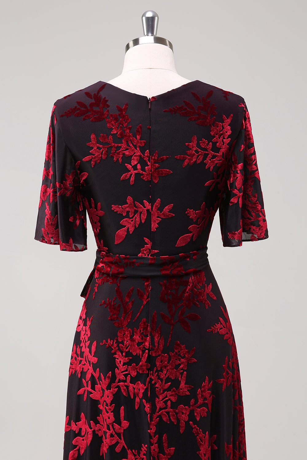 Burnout Velvet Burgundy V-Neck Mother of Bride Dress