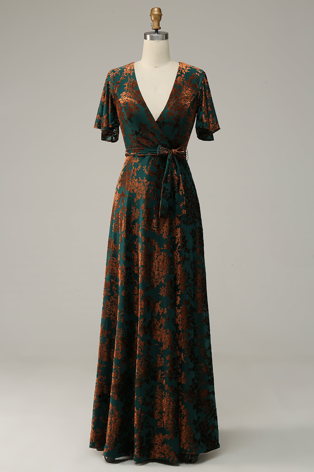 Burnout Velvet Burgundy V-Neck Mother of Bride Dress