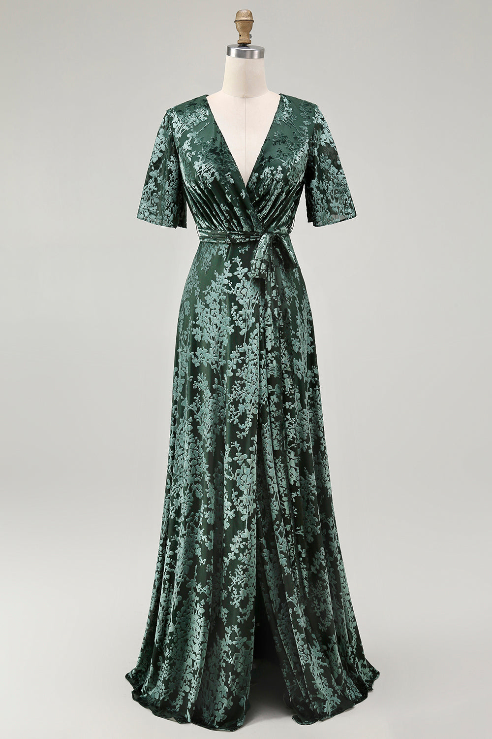 Pine A-Line Velvet Burnout V-Neck Long Wedding Guest Dress