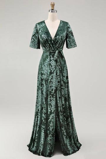 Pine A-Line Velvet Burnout V-Neck Long Wedding Guest Dress