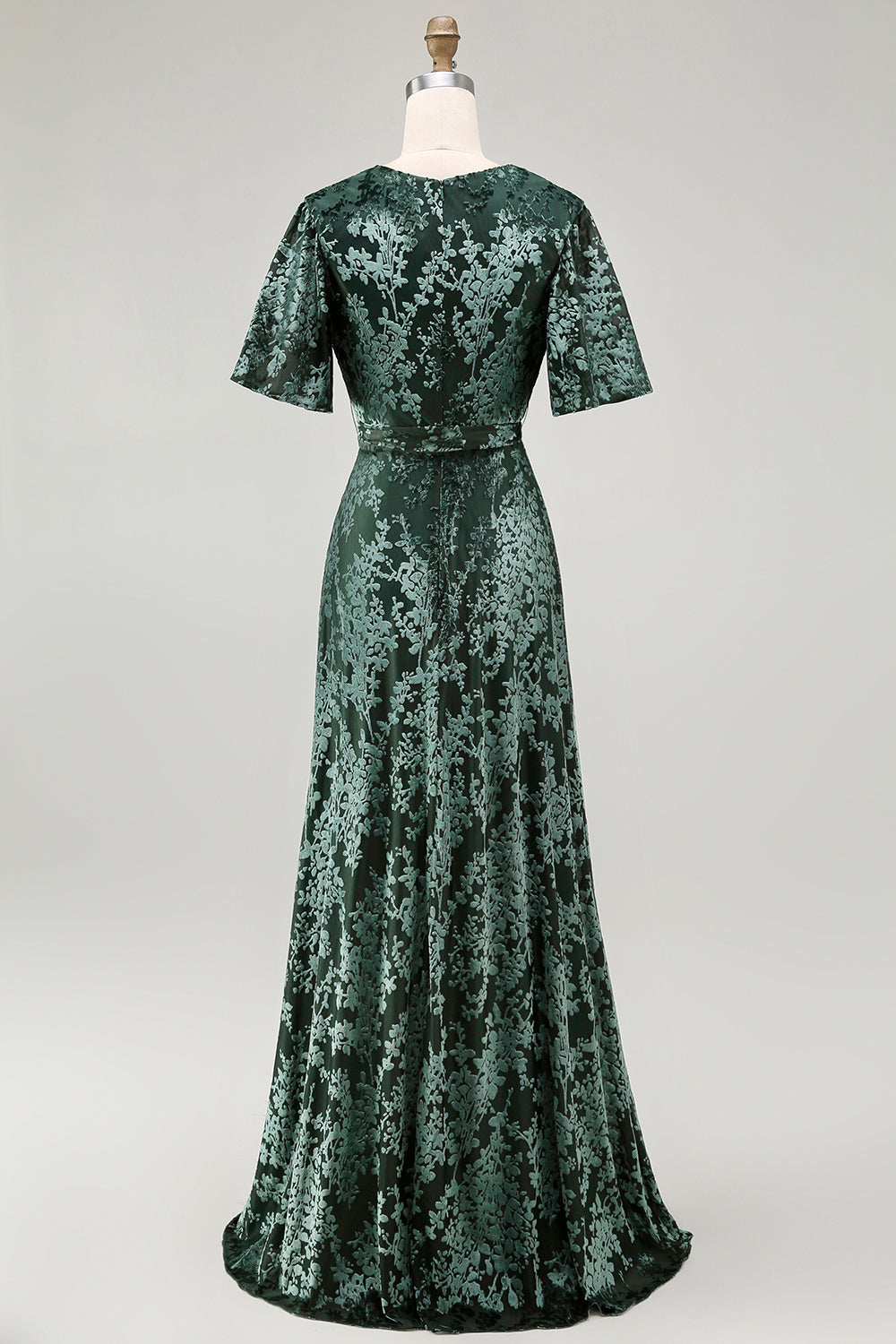 Pine A-Line Velvet Burnout V-Neck Long Wedding Guest Dress