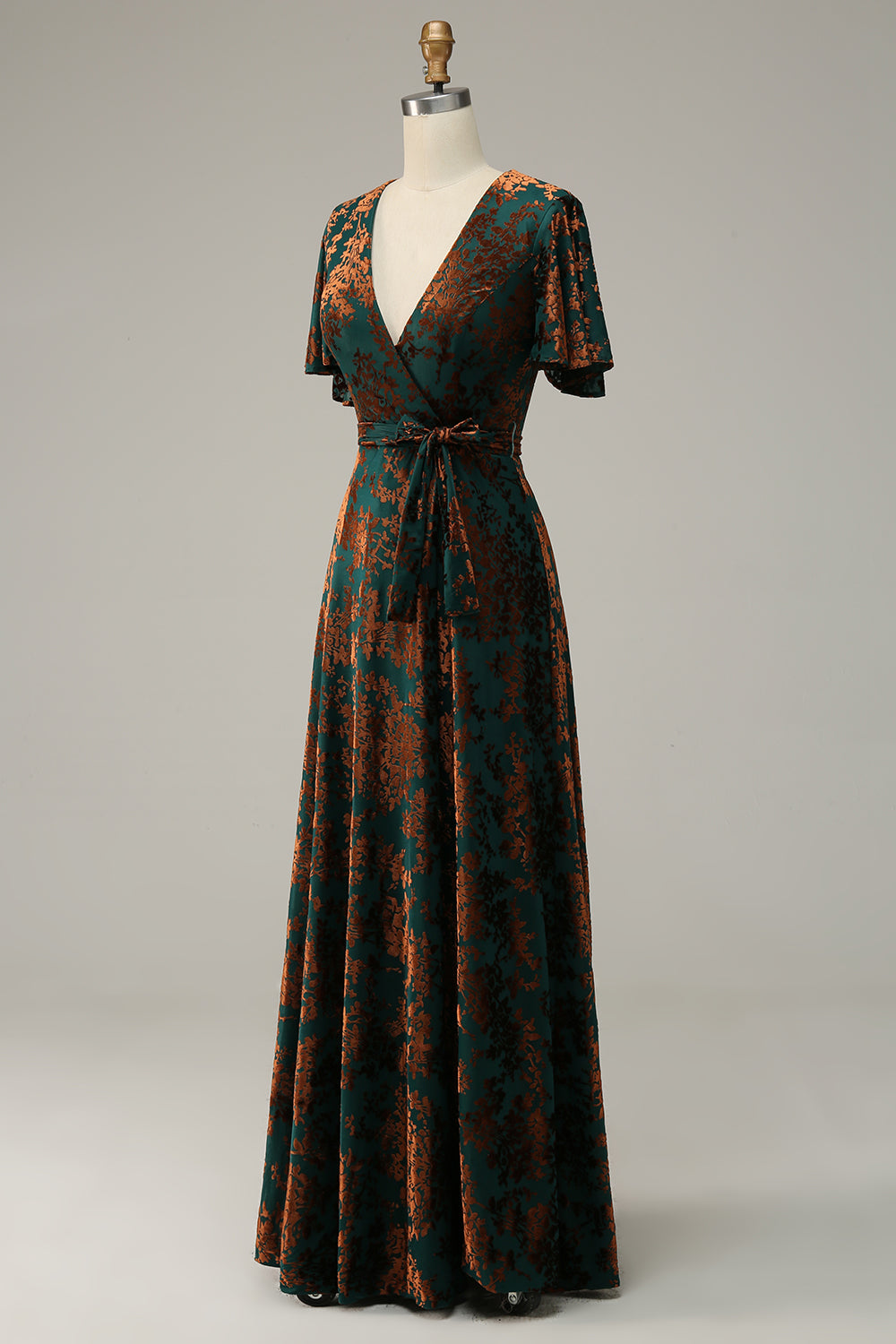 Pine A-Line Velvet Burnout V-Neck Long Wedding Guest Dress