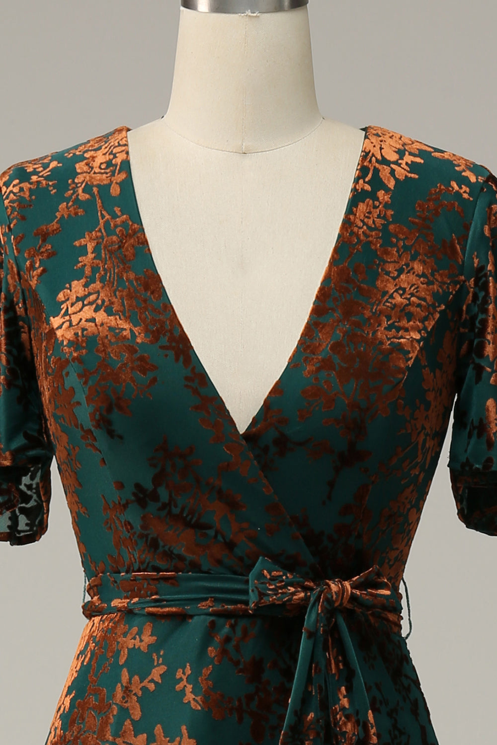 Pine A-Line Velvet Burnout V-Neck Long Wedding Guest Dress