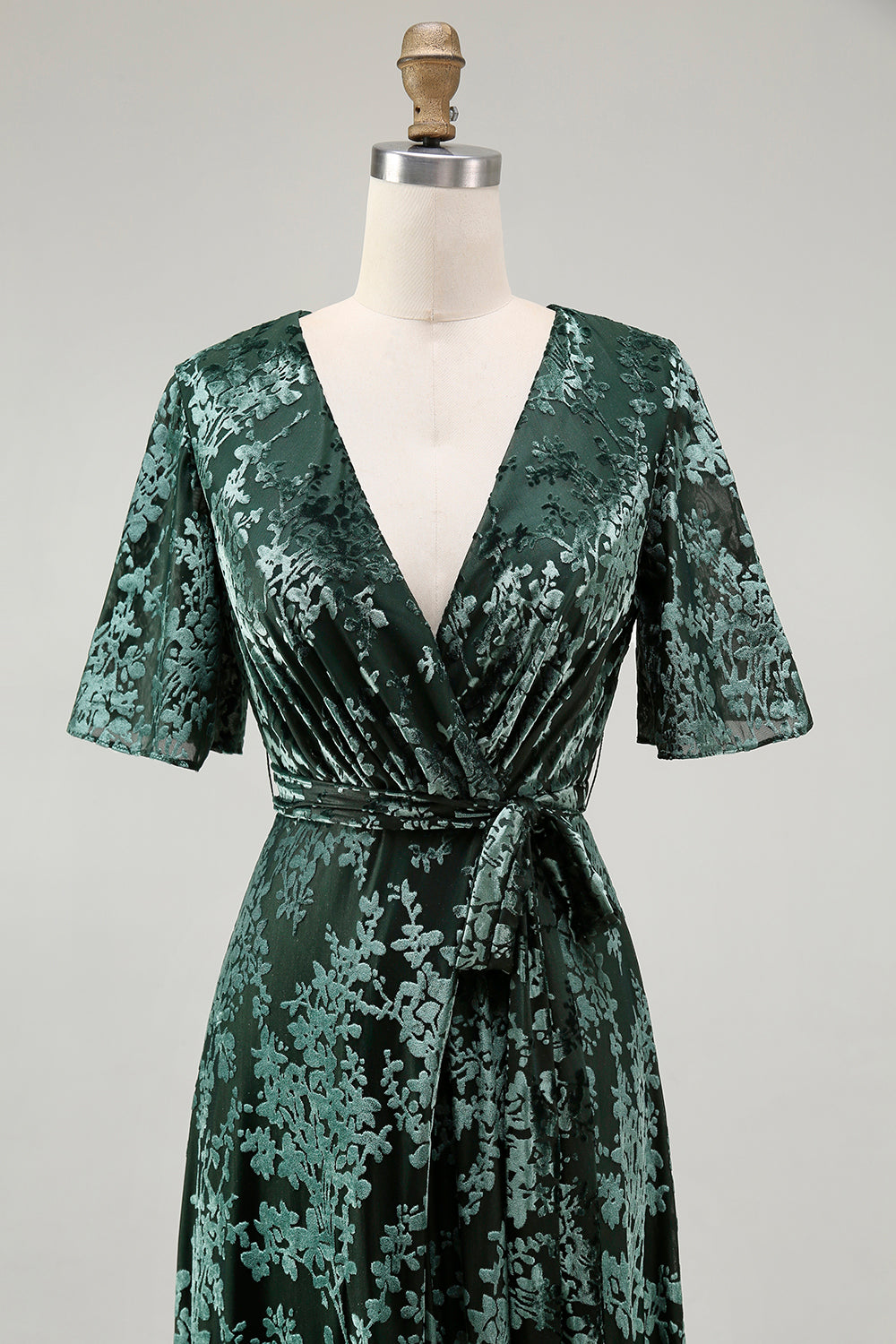 Pine A-Line Velvet Burnout V-Neck Long Wedding Guest Dress