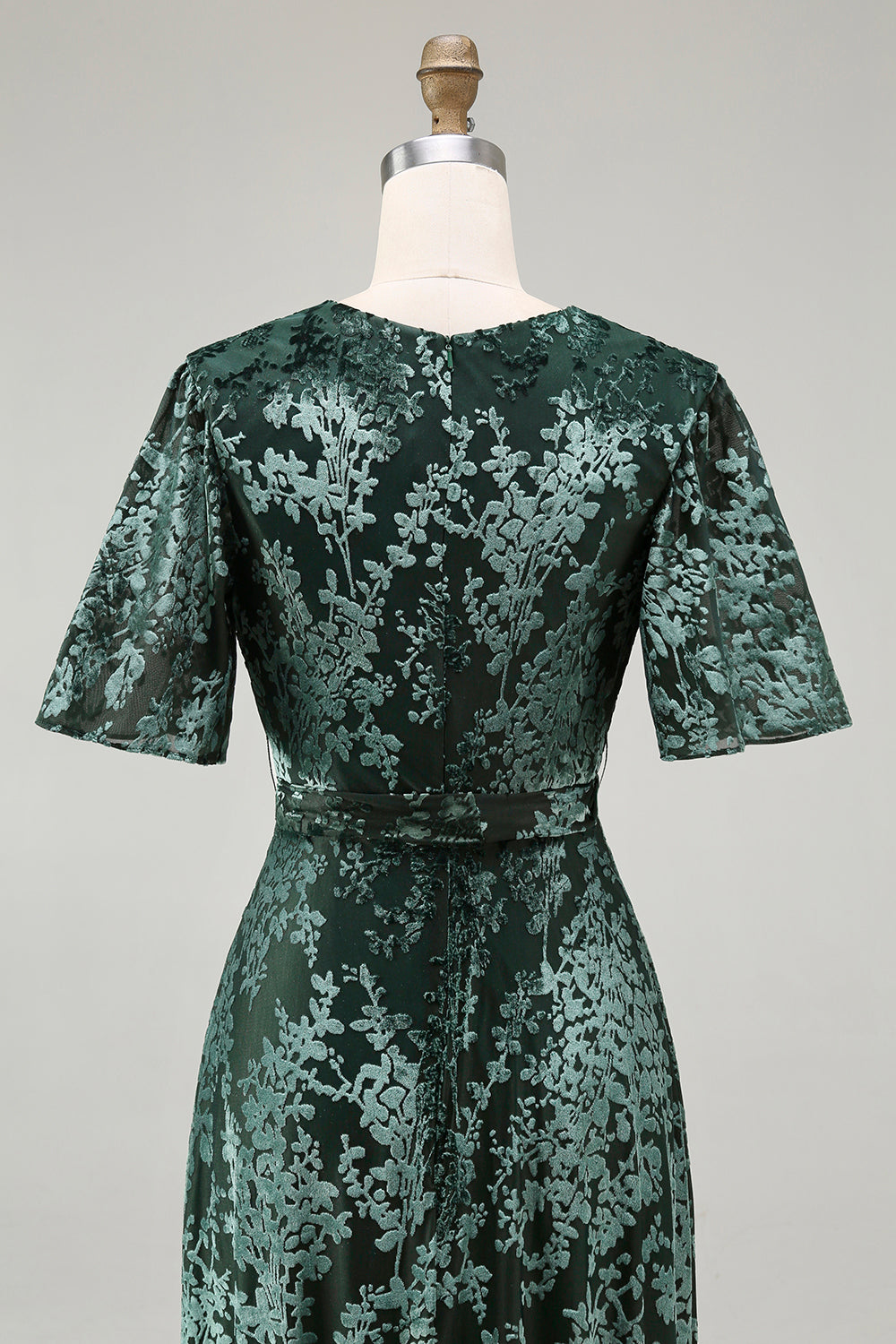 Pine A-Line Velvet Burnout V-Neck Long Wedding Guest Dress