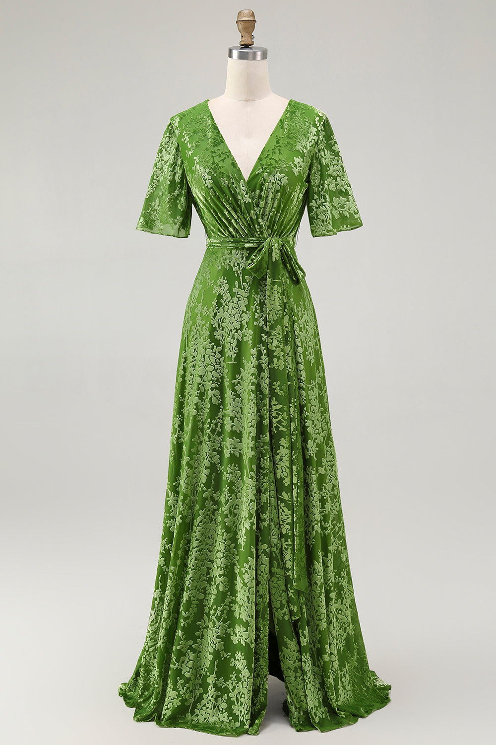 Pine A-Line Velvet Burnout V-Neck Long Wedding Guest Dress