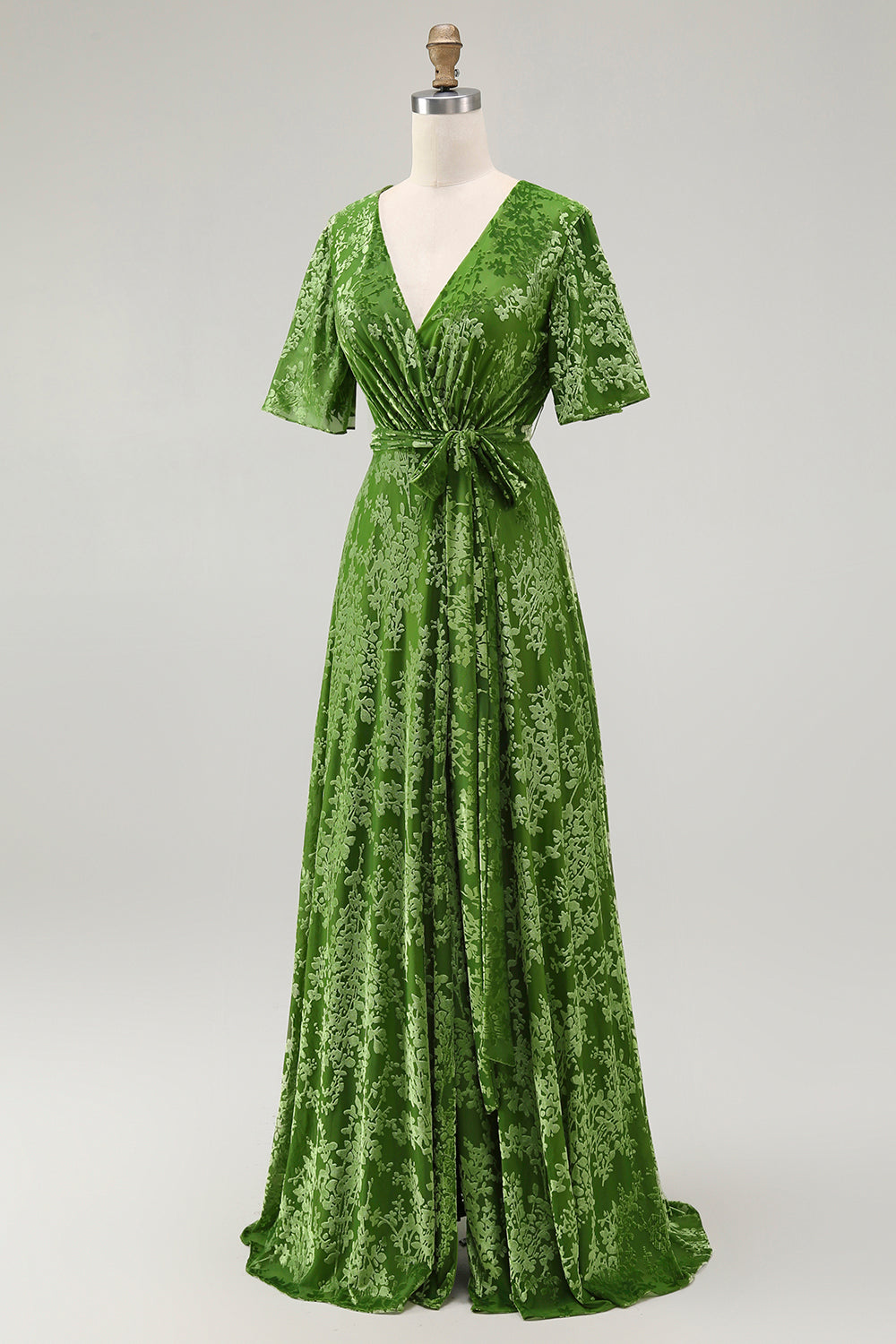 Pine A-Line Velvet Burnout V-Neck Long Wedding Guest Dress