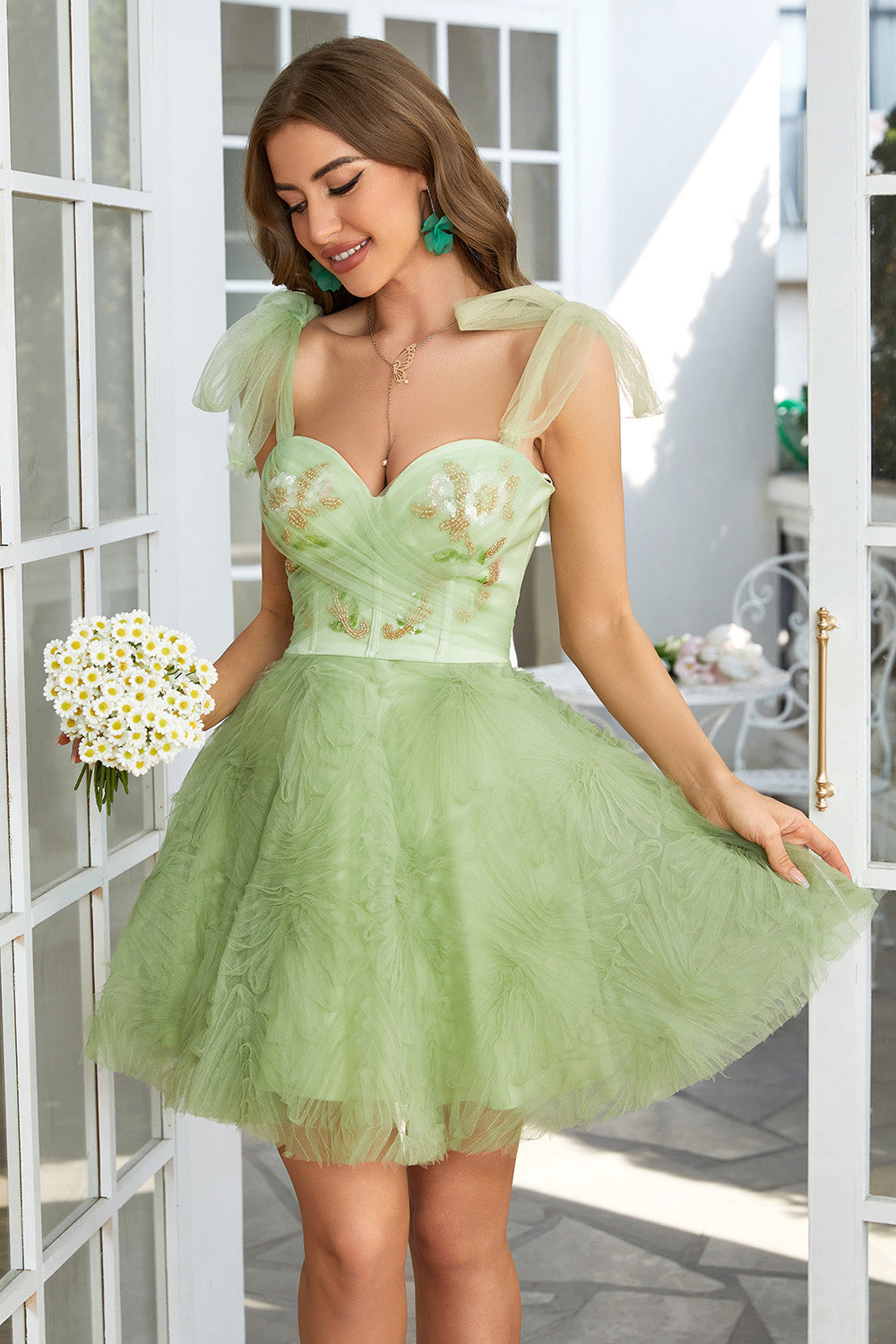 Light Purple V neck Short Tulle Homecoming Dress